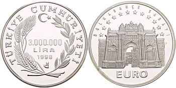 Турция 3000000 лир 1998 Дворец Долмабахче в Стамбуле, тираж 1710 экземпляров KM 1080 серебро PROOF 1088-9-14