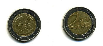 ФРГ 2 евро 2009 F, 10 лет монетарной политики ЕС (EMU) и введения евро KM 277 биметалл 179-935