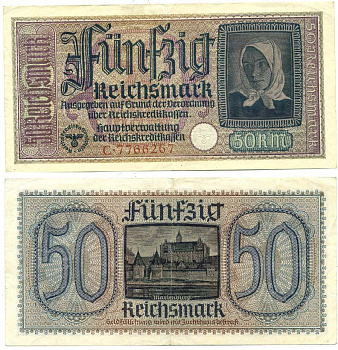 ГЕРМАНИЯ 50 РЕЙХСМАРОК 1940-1945 ДЛЯ ОККУПИРОВАННЫХ ТЕРРИТОРИЙ Pick R140 бумага 3295-50-1