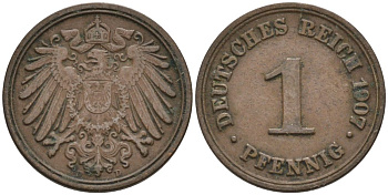 Германия 1 пфенниг 1907 D KM 10, J. 10 медь 4567-1251