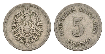 Германия 5 пфеннигов 1874 A, Вильгельм I (1871-1888) KM 3, J. 3, Weege 5 медно-никель 4639-1238