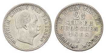 Пруссия 2 1/2 серебряных гроша 1868 A, Вильгельм I (1861-1888) KM 486 серебро 1531-1513