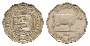 Гернси 3 пенса 1959 Генсийская Корова KM 18 медно-никель 4656-1114