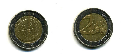 ФРГ 2 евро 2009 F, 10 лет монетарной политики ЕС (EMU) и введения евро KM 277 биметалл 179-935