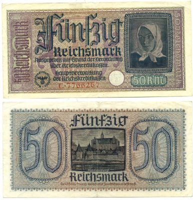 ГЕРМАНИЯ 50 РЕЙХСМАРОК 1940-1945 ДЛЯ ОККУПИРОВАННЫХ ТЕРРИТОРИЙ Pick R140 бумага 3295-50-1