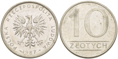 Польша 10 злотых 1987 MW KM 152.1, Parchimowicz 243d медно-никель 77-427