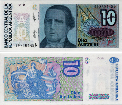АРГЕНТИНА 10 АУСТРАЛЕЙ 1988 СЕРИЯ В 99830, САНТЬЯГО ДЕРКИ, ПРЕЗИДЕНТ АРГЕНТИНЫ Pick 325b бумага UNC (ПРЕСС) 6293-7-3-1