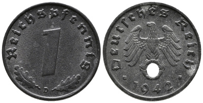 ГЕРМАНИЯ 1 РЕЙХСПФЕННИГ 1942 D KM 97, J. 369 цинк 39-1215