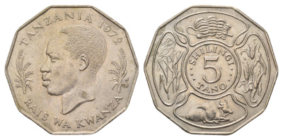Танзания 5 шиллингов 1972 KM 6 медно-никель aUNC 4680-321