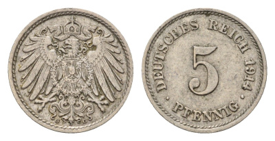 Германия 5 пфеннигов 1914 G, Вильгельм II (1888-1918) KM 11, J. 12 медно-никель 4636-324
