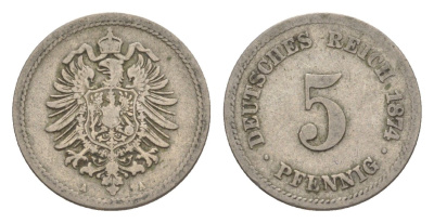 Германия 5 пфеннигов 1874 A, Вильгельм I (1871-1888) KM 3, J. 3, Weege 5 медно-никель 4639-1238