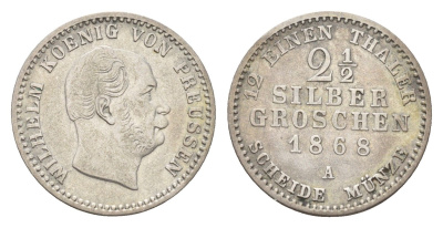 Пруссия 2 1/2 серебряных гроша 1868 A, Вильгельм I (1861-1888) KM 486 серебро 1531-1513