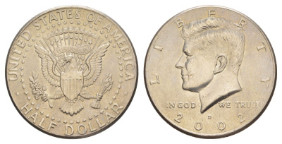США 1/2 доллара (50 центов) 2002 D, Джон Кеннеди KM A202b медь плакированная медно-никелем aUNC 4517-422