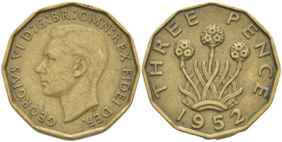 Великобритания 3 пенса 1952 Георг VI (1936-1952), второй выпуск KM 873, Spink 4113 никель латунь 175-617