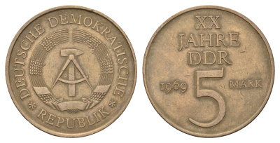 ГДР 5 марок 1969 А, 20 лет ГДР KM 22.1, J. 1524 никель бронза 4680-711