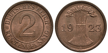 ГЕРМАНИЯ 2 РЕНТПФЕННИГА 1923 A J 307, KM 31 бронза UNC 413-3413