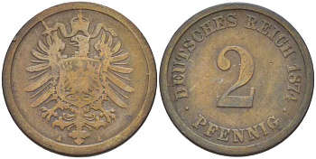 ГЕРМАНИЯ 2 ПФЕННИГА 1874 A, СТАРОГЕРБОВКА KM 2, J. 2, Weege 3 медь 212-435