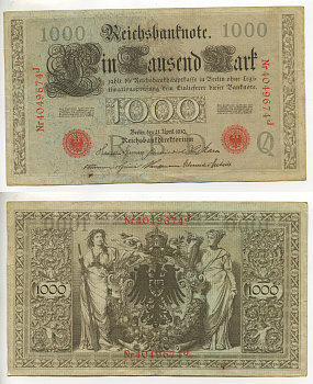 Германия 1000 марок 1910 красная печать, 7 цифр в номере Pick 44 b  бумага   7217-51-2-2