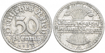 ГЕРМАНИЯ 50 ПФЕННИГОВ 1921 J KM 27, J. 301 алюминий 77-555
