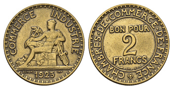 Франция 2 франка 1925 KM 877, Le Franc 267.7 алюминиевая бронза 3856-353
