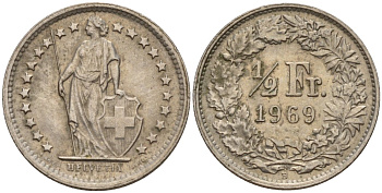 Швейцария 1/2 франка 1969 B KM 23a медно-никель 4189-438