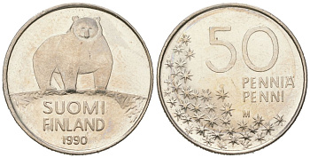 Финляндия 50 пенни 1990 M, полярный медведь KM 66 медно-никель UNC 96-658