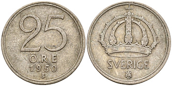 Швеция 25 эре 1950 TS, Густав V (1907-1950) KM 816 серебро 4147-1019