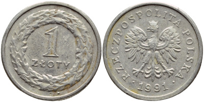 ПОЛЬША 1 ЗЛОТЫЙ 1991 MW KM 282 медно-никель 4383-1055
