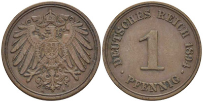 ГЕРМАНИЯ 1 ПФЕННИГ 1894 A KM 10, J. 10, Weege 2 медь 211-159