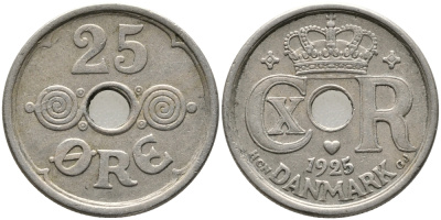 Дания 25 эре 1925 HCN; GJ, Кристиан X (1912-1947) KM 823.1 медно-никель 28-1112