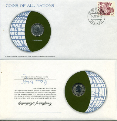 Швейцария 20 раппенов 1976 конверт с маркой первого дня гашения, Coins of Nations KM 29а медно-никель UNC 4294-40-3