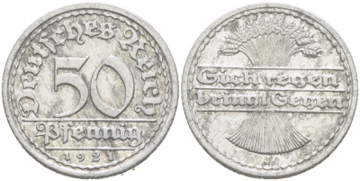 ГЕРМАНИЯ 50 ПФЕННИГОВ 1921 J KM 27, J. 301 алюминий 77-555