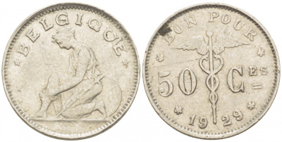 БЕЛЬГИЯ 50 САНТИМОВ 1929 BELGIQUE KM 87 никель 261-1631
