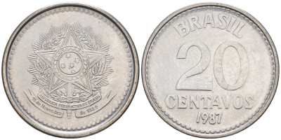 Бразилия 20 сентаво 1987 герб KM 603, Schon 112 нержавеющая сталь 187-535