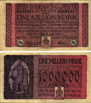 БАД-ГОДЕСБЕРГ НА РЕЙНЕ 1000000 МАРОК 1923 16 АВГУСТА 1923, НОТГЕЛЬД бумага 8564-32-3-1