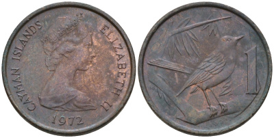Каймановы острова 1 цент 1972 Елизавета II (1952-2022), кайманов дрозд КМ 1 бронза 4154-166