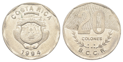 Коста-Рика 20 колонов 1994 год-тип KM 216.3 нержавеющая сталь 4661-1133