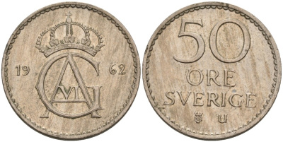 Швеция 50 эре 1962 U, Густав VI Адольф (1950-1973) KM 837 медно-никель 4364-4512