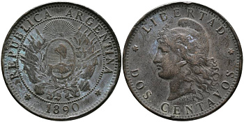Аргентина 2 сентаво 1890 голова свободы влево KM 8 бронза 4531-934