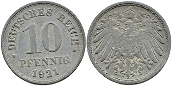 ГЕРМАНИЯ 10 ПФЕННИГОВ 1921 KM 26, J. 299 цинк 4395-1251