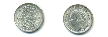 Нидерланды 10 центов 1944 S, Вильгельмина I (1890-1948) KM 163 серебро 84-945