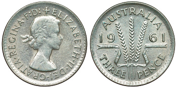 Австралия 3 пенса 1961 m, Елизавета II (1952-2022) KM 57 серебро 71-759