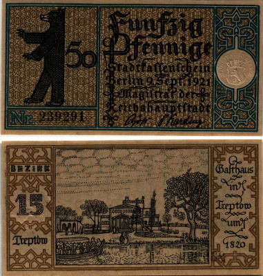 БЕРЛИН, ГЕРМАНИЯ 50 ПФЕННИГОВ 1921 НОТГЕЛЬД, ЗЕМЛЯ ПРУССИЯ, 2 СЕНТЯБРЯ 1921, BEZIRK 15 ARNOLD KELLER 92.1 бумага 7523-36-1-2