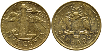 Барбадос 5 центов 1998 маяк Саут-Пойнт KM 11 латунь 4398-556