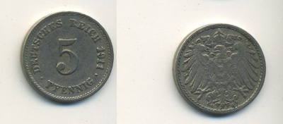 Германия 5 пфеннигов 1911 G KM 11, Jager 12, Weege 6 медно-никель 23-925