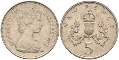 Великобритания 5 пенсов 1980 Елизавета II (1952-2022) KM 911, Spink 4233 (D1) медно-никель 4586-934