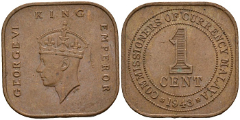 Британская Малайя 1 цент 1943 Георг VI (1937-1952) KM 6 бронза 4153-632