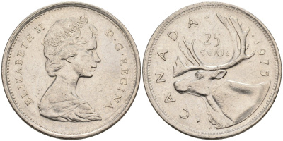 Канада 25 центов 1975 Елизавета II (1952-), олень KM 62b никель 4586-641