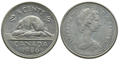 Канада 5 центов 1986 Елизавета II (1952-2022), бобер KM 60.2 a медно-никель 4364-2615