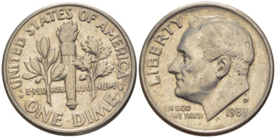 США 10 ЦЕНТОВ = 1 ДАЙМ 1988 P, РУЗВЕЛЬТ KM 195а медь плакированная медно-никелем 66-1122